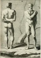 An illustration from Natuurlyk en schilderkonstig ontwerp der menschkunde : leerende niet alleen de kennis van de gestalte, proportie, schoonheyd, muskelen, bewegingen, actien, passien, en welstand der menschbeelden : tot de teykenkunde, schilderkunde, beeldhouwery, bootseer en giet-oeffening toepassen : maar ook hoe sich een mensch na deselve regelen, in allerhande doeningh van gaan, staan, loopen, torssen, dragen, arbeyden, spreken en andere gebeerden : bevallig en verstandilijk aastellen zal (1683)