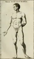 An illustration from Natuurlyk en schilderkonstig ontwerp der menschkunde : leerende niet alleen de kennis van de gestalte, proportie, schoonheyd, muskelen, bewegingen, actien, passien, en welstand der menschbeelden : tot de teykenkunde, schilderkunde, beeldhouwery, bootseer en giet-oeffening toepassen : maar ook hoe sich een mensch na deselve regelen, in allerhande doeningh van gaan, staan, loopen, torssen, dragen, arbeyden, spreken en andere gebeerden : bevallig en verstandilijk aastellen zal (1683)