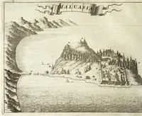 Picture 23 of 44 from Naukeurige beschryving van Morea, eertijts Peloponnesus; en de eilanden, gelegen onder de kusten van Morea, en binnen en buiten de golf van Venetien: waer onder de voornaemste Korfu, Cefalonia, Sant Maura, Zanten, en andere in grooten getale. Behelzende derzelver landschappen, steden, rivieren, poelen, bergen, gewassen, dieren, &c. Met de kaerten van Morea, golf van Venetien, en verscheide eilanden: beneffens afbeeldingen van steden en kastelen, als Patrasso, Modon, Koron, Navarino, Napoli di Romania en Malvasia, Korinthen, Misitra, &c (1688), leaf 140