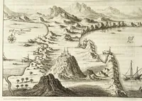 An illustration from Naukeurige beschryving van Morea, eertijts Peloponnesus; en de eilanden, gelegen onder de kusten van Morea, en binnen en buiten de golf van Venetien: waer onder de voornaemste Korfu, Cefalonia, Sant Maura, Zanten, en andere in grooten getale. Behelzende derzelver landschappen, steden, rivieren, poelen, bergen, gewassen, dieren, &c. Met de kaerten van Morea, golf van Venetien, en verscheide eilanden: beneffens afbeeldingen van steden en kastelen, als Patrasso, Modon, Koron, Navarino, Napoli di Romania en Malvasia, Korinthen, Misitra, &c (1688)