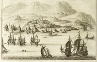 An illustration from Naukeurige beschryving van Morea, eertijts Peloponnesus; en de eilanden, gelegen onder de kusten van Morea, en binnen en buiten de golf van Venetien: waer onder de voornaemste Korfu, Cefalonia, Sant Maura, Zanten, en andere in grooten getale. Behelzende derzelver landschappen, steden, rivieren, poelen, bergen, gewassen, dieren, &c. Met de kaerten van Morea, golf van Venetien, en verscheide eilanden: beneffens afbeeldingen van steden en kastelen, als Patrasso, Modon, Koron, Navarino, Napoli di Romania en Malvasia, Korinthen, Misitra, &c (1688)