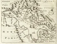 Picture 6 of 44 from Naukeurige beschryving van Morea, eertijts Peloponnesus; en de eilanden, gelegen onder de kusten van Morea, en binnen en buiten de golf van Venetien: waer onder de voornaemste Korfu, Cefalonia, Sant Maura, Zanten, en andere in grooten getale. Behelzende derzelver landschappen, steden, rivieren, poelen, bergen, gewassen, dieren, &c. Met de kaerten van Morea, golf van Venetien, en verscheide eilanden: beneffens afbeeldingen van steden en kastelen, als Patrasso, Modon, Koron, Navarino, Napoli di Romania en Malvasia, Korinthen, Misitra, &c (1688), leaf 36