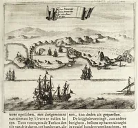An illustration from Naukeurige beschryving van Morea, eertijts Peloponnesus; en de eilanden, gelegen onder de kusten van Morea, en binnen en buiten de golf van Venetien: waer onder de voornaemste Korfu, Cefalonia, Sant Maura, Zanten, en andere in grooten getale. Behelzende derzelver landschappen, steden, rivieren, poelen, bergen, gewassen, dieren, &c. Met de kaerten van Morea, golf van Venetien, en verscheide eilanden: beneffens afbeeldingen van steden en kastelen, als Patrasso, Modon, Koron, Navarino, Napoli di Romania en Malvasia, Korinthen, Misitra, &c (1688)