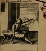 An illustration from Nebulo nebulonum, hoc est, Jocoseria nequitiae censura : qua hominum scelestorum doli, fraudes, fallaciae, & mores versuti vivis coloribus depinguntur, aeriq[ue] incisi publico aspectui exponuntur (1663)