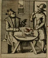 An illustration from Nebulo nebulonum, hoc est, Jocoseria nequitiae censura : qua hominum scelestorum doli, fraudes, fallaciae, & mores versuti vivis coloribus depinguntur, aeriq[ue] incisi publico aspectui exponuntur (1663)