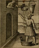 An illustration from Nebulo nebulonum, hoc est, Jocoseria nequitiae censura : qua hominum scelestorum doli, fraudes, fallaciae, & mores versuti vivis coloribus depinguntur, aeriq[ue] incisi publico aspectui exponuntur (1663)