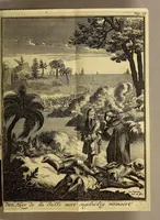 An illustration from Neue Reise-Beschreibung durch viele Länder, weit grösser, als gantz Europa, : die neulichst zwischen Neu-Mexico und dem Eiss-Meer in America entdecket worden. Worinn enthalten eine besondere Beschreibung der Länder, Sitten und Bewohnheiten der wilden Völcker in dem süd-und norder-Theil der neuen Welt, und was für Vortheil man aus der Auffrichtung neuer Colonien in diesen Ländern schöpffen konne; wie auch eine Anweisung durch einen kürtzern Weg als bissher ohne Pasfirung der Equinoctial-Linie nach China und Japan zu kommen. Nebst einer genauen Erzehlung von dem Unterfangen des Herrn von Salle auff die Gold-Minen zu St. Barbe, im gleichen von der Eroberung der Stadt Quebeck in Canada durch die Engelländer. (1698)