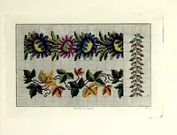 An illustration from Neueste portefeuille für freundinnen weiblicher Kunst-Arbeiten : eine Auswahl von Guirlanden, allerlei Blumen, Kränzen, Bouquets, Fruchtkörben, Schmetterlingen, Kanten, Arabesken u.s.w. zum künstlichen Stricken, Häkeln, zur Tapisserie- und Mosaik-Arbeit