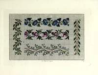 An illustration from Neueste portefeuille für freundinnen weiblicher Kunst-Arbeiten : eine Auswahl von Guirlanden, allerlei Blumen, Kränzen, Bouquets, Fruchtkörben, Schmetterlingen, Kanten, Arabesken u.s.w. zum künstlichen Stricken, Häkeln, zur Tapisserie- und Mosaik-Arbeit