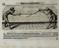 An illustration from Neu kunstlich Fechtbuch: darinnen 500 Stuck im ainfachen Rapier, wie auch ettliche im Rapier vnd Dolch, dess weltberümbten Fecht- [vnd Lehrmeisters] Sig. Salvator Fabri da Padoa, so wol auch anderer italienisch[e]n vnd französischen Fechter beste Kunststuck, nach rechter Lini vnd fundamentalischer Ordnung (1616)