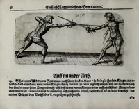 An illustration from Neu kunstlich Fechtbuch: darinnen 500 Stuck im ainfachen Rapier, wie auch ettliche im Rapier vnd Dolch, dess weltberümbten Fecht- [vnd Lehrmeisters] Sig. Salvator Fabri da Padoa, so wol auch anderer italienisch[e]n vnd französischen Fechter beste Kunststuck, nach rechter Lini vnd fundamentalischer Ordnung (1616)