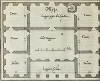 An illustration from Newes itinerarium Italiae : in welchem der Reisende nicht allein gründtlichen Bericht, durch die herzlichste namhaffteste Örter Italiae sein Reiss wol zubestellen, sonder es wirdt jhme auch gantz eygentlich beschriben, was allda als in einem Lustgarten di Europe ... an Sitten vnd Gewonheiten, im Geistlichen vnd Politischen, an mechanischen Wercken zu Land vnd zu Wasser, vnd also an Gebäwen ... denckwürdig zu sehen : alles ... an Tag gegeben ... (1627)