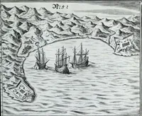 An illustration from Newes itinerarium Italiae : in welchem der Reisende nicht allein gründtlichen Bericht, durch die herzlichste namhaffteste Örter Italiae sein Reiss wol zubestellen, sonder es wirdt jhme auch gantz eygentlich beschriben, was allda als in einem Lustgarten di Europe ... an Sitten vnd Gewonheiten, im Geistlichen vnd Politischen, an mechanischen Wercken zu Land vnd zu Wasser, vnd also an Gebäwen ... denckwürdig zu sehen : alles ... an Tag gegeben ... (1627)