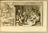 An illustration from Nieuwe reystogt en beschryving van de land-engte van Amerika, : behelzende een verhaal van de schryvers verblyf en zonderlinge avontuuren aldaar, de gesteltenisse van 't land, de kusten, bergen, rivieren, bosschen, 't aardryk, weeder, de boomen, vruchten, beesten, volgelen, visschen enz. Mitsgaders de Indiaansche inwoonders, hunne gestalte, aardt, zeeden, gewoonten, werk, huuwelyken, gastmaalen, beestejagt, manier van tellen, taal, enz. Beneffens eenige merkwaaardige ontmoetingen in de zuydzee en elders. (1700)