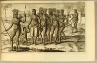 An illustration from Nieuwe reystogt en beschryving van de land-engte van Amerika, : behelzende een verhaal van de schryvers verblyf en zonderlinge avontuuren aldaar, de gesteltenisse van 't land, de kusten, bergen, rivieren, bosschen, 't aardryk, weeder, de boomen, vruchten, beesten, volgelen, visschen enz. Mitsgaders de Indiaansche inwoonders, hunne gestalte, aardt, zeeden, gewoonten, werk, huuwelyken, gastmaalen, beestejagt, manier van tellen, taal, enz. Beneffens eenige merkwaaardige ontmoetingen in de zuydzee en elders. (1700)