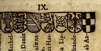 An illustration from Notitia S.R.I. principum. Genealogica & stemmatographica. Ad historiæ statúsque hodierni cognitionem plurimúm faciens. : Cui externorum item regum & principum aliquot similis cognitio accedit. (1658)