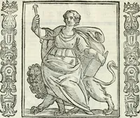 Picture 283 of 321 from Noua iconologia di Cesare Ripa perugino, caualier de SS. Mauritio & Lazzaro. Nella quale si descriuono diuerse imagini di virtù, vitij, affetti, passioni humane, arti, discipline, humori, elementi, corpi celesti, prouincie d'Italia, fiumi, tutte le parti del mondo, ed'altre infinite materie. Opera vtile ad oratori, predicatori, poeti, pittori, scultori, disegnatori, e ad'ogni studioso. Per inuentar concetti, emblemi, ed imprese, per diuisare qualsiuoglia apparato nuttiale, funerale, trionfale. Per rappresentar poemi drammatici, e per figurare co'suoi propij simboli ciò, che puo cadere in pensiero humano. Ampliata vltimamente dallo stesso auttore di trecento imagini, e arricchita di molti discorsi pieni di varia eruditione; con nuoui intagli, & con molti indici copiosi (1618), leaf 615