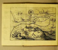 An illustration from Novi freti, a parte meridionali freti Magellanici, in Magnum Mare Australe detectio. : Facta laboriosissimo & periculosissimo itinere à Guilielmo Cornelij Schoutenio Hornano, annis 1615, 1616, & 1617, totum orbem terrarum circumnavigante (1619)