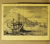 An illustration from Novi freti, a parte meridionali freti Magellanici, in Magnum Mare Australe detectio. : Facta laboriosissimo & periculosissimo itinere à Guilielmo Cornelij Schoutenio Hornano, annis 1615, 1616, & 1617, totum orbem terrarum circumnavigante (1619)