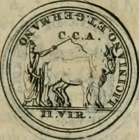 An illustration from Numismata ærea imperatorum, augustarum, et cæsarum, in coloniis, municilpiis, et urbibus jure latio donatis, ex omni modulo percussa (1695)
