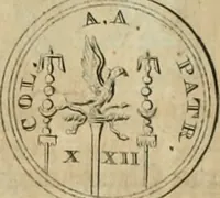 An illustration from Numismata ærea imperatorum, augustarum, et cæsarum, in coloniis, municilpiis, et urbibus jure latio donatis, ex omni modulo percussa (1695)