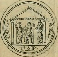 An illustration from Numismata ærea imperatorum, augustarum, et cæsarum, in coloniis, municilpiis, et urbibus jure latio donatis, ex omni modulo percussa (1695)