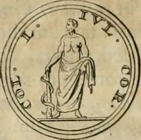 An illustration from Numismata ærea imperatorum, augustarum, et cæsarum, in coloniis, municilpiis, et urbibus jure latio donatis, ex omni modulo percussa (1695)