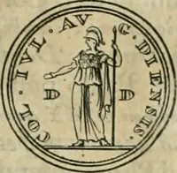 An illustration from Numismata ærea imperatorum, augustarum, et cæsarum, in coloniis, municilpiis, et urbibus jure latio donatis, ex omni modulo percussa (1695)