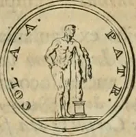 An illustration from Numismata ærea imperatorum, augustarum, et cæsarum, in coloniis, municilpiis, et urbibus jure latio donatis, ex omni modulo percussa (1695)