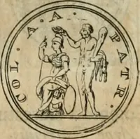 An illustration from Numismata ærea imperatorum, augustarum, et cæsarum, in coloniis, municilpiis, et urbibus jure latio donatis, ex omni modulo percussa (1695)