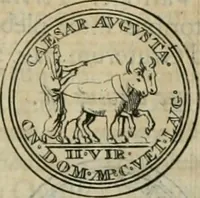 An illustration from Numismata ærea imperatorum, augustarum, et cæsarum, in coloniis, municilpiis, et urbibus jure latio donatis, ex omni modulo percussa (1695)