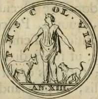 An illustration from Numismata ærea imperatorum, augustarum, et cæsarum, in coloniis, municilpiis, et urbibus jure latio donatis, ex omni modulo percussa (1695)