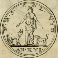 An illustration from Numismata ærea imperatorum, augustarum, et cæsarum, in coloniis, municilpiis, et urbibus jure latio donatis, ex omni modulo percussa (1695)