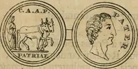 An illustration from Numismata ærea imperatorum, augustarum, et cæsarum, in coloniis, municilpiis, et urbibus jure latio donatis, ex omni modulo percussa (1695)