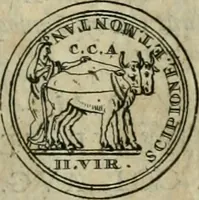 An illustration from Numismata ærea imperatorum, augustarum, et cæsarum, in coloniis, municilpiis, et urbibus jure latio donatis, ex omni modulo percussa (1695)