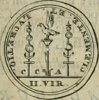 An illustration from Numismata ærea imperatorum, augustarum, et cæsarum, in coloniis, municilpiis, et urbibus jure latio donatis, ex omni modulo percussa (1695)