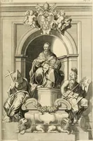 An illustration from Numismata summorum pontificum Templi Vaticani fabricam indicantia, chronologica ejusdem fabricae narratione ac multiplici eruditione explicata. Atque uberiori numismatum omnium pontificiorum lucubrationi veluti prodromus praemissa (1700)