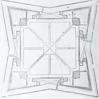 An illustration from Nvova inventione di fabricar fortezze, : di varie forme, in qvalvnqve sito di piano, di monte, in acqua, con diuersi disegni, et vn trattato del modo, che si hà da osseruare in esse, con le sve misvre, et ordine di levar le piante, tanto in fortezze reali, quanto non reali. (1598)