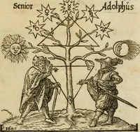 An illustration from Occvlta philosophia : von den verborgenen philosophischen Geheimnussen der heimlichen Goldblumen vnd lapidis philosophorum, was derselbige, vnd wie zu Erlangung dessen zu procediren, aussführlicher Bericht in einem philosophischen Gespräch verfasset : sampt der Schmaragd Taffel, Paraboln, symbolis, vnd 18. sonderbaren Figuren der hochberühmten Philosophen Hermetis Trismegisti vnd F. Basilii Valentini durch welche diese Kunst der philosophischen Goldblumen vollkomlich erkläret an Tag gegeben (1613)