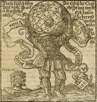 An illustration from Occvlta philosophia : von den verborgenen philosophischen Geheimnussen der heimlichen Goldblumen vnd lapidis philosophorum, was derselbige, vnd wie zu Erlangung dessen zu procediren, aussführlicher Bericht in einem philosophischen Gespräch verfasset : sampt der Schmaragd Taffel, Paraboln, symbolis, vnd 18. sonderbaren Figuren der hochberühmten Philosophen Hermetis Trismegisti vnd F. Basilii Valentini durch welche diese Kunst der philosophischen Goldblumen vollkomlich erkläret an Tag gegeben (1613)