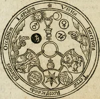 An illustration from Occvlta philosophia : von den verborgenen philosophischen Geheimnussen der heimlichen Goldblumen vnd lapidis philosophorum, was derselbige, vnd wie zu Erlangung dessen zu procediren, aussführlicher Bericht in einem philosophischen Gespräch verfasset : sampt der Schmaragd Taffel, Paraboln, symbolis, vnd 18. sonderbaren Figuren der hochberühmten Philosophen Hermetis Trismegisti vnd F. Basilii Valentini durch welche diese Kunst der philosophischen Goldblumen vollkomlich erkläret an Tag gegeben (1613)