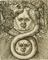 An illustration from Occvlta philosophia : von den verborgenen philosophischen Geheimnussen der heimlichen Goldblumen vnd lapidis philosophorum, was derselbige, vnd wie zu Erlangung dessen zu procediren, aussführlicher Bericht in einem philosophischen Gespräch verfasset : sampt der Schmaragd Taffel, Paraboln, symbolis, vnd 18. sonderbaren Figuren der hochberühmten Philosophen Hermetis Trismegisti vnd F. Basilii Valentini durch welche diese Kunst der philosophischen Goldblumen vollkomlich erkläret an Tag gegeben (1613)