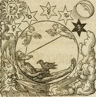 An illustration from Occvlta philosophia : von den verborgenen philosophischen Geheimnussen der heimlichen Goldblumen vnd lapidis philosophorum, was derselbige, vnd wie zu Erlangung dessen zu procediren, aussführlicher Bericht in einem philosophischen Gespräch verfasset : sampt der Schmaragd Taffel, Paraboln, symbolis, vnd 18. sonderbaren Figuren der hochberühmten Philosophen Hermetis Trismegisti vnd F. Basilii Valentini durch welche diese Kunst der philosophischen Goldblumen vollkomlich erkläret an Tag gegeben (1613)