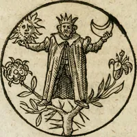 An illustration from Occvlta philosophia : von den verborgenen philosophischen Geheimnussen der heimlichen Goldblumen vnd lapidis philosophorum, was derselbige, vnd wie zu Erlangung dessen zu procediren, aussführlicher Bericht in einem philosophischen Gespräch verfasset : sampt der Schmaragd Taffel, Paraboln, symbolis, vnd 18. sonderbaren Figuren der hochberühmten Philosophen Hermetis Trismegisti vnd F. Basilii Valentini durch welche diese Kunst der philosophischen Goldblumen vollkomlich erkläret an Tag gegeben (1613)