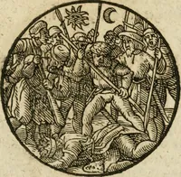 An illustration from Occvlta philosophia : von den verborgenen philosophischen Geheimnussen der heimlichen Goldblumen vnd lapidis philosophorum, was derselbige, vnd wie zu Erlangung dessen zu procediren, aussführlicher Bericht in einem philosophischen Gespräch verfasset : sampt der Schmaragd Taffel, Paraboln, symbolis, vnd 18. sonderbaren Figuren der hochberühmten Philosophen Hermetis Trismegisti vnd F. Basilii Valentini durch welche diese Kunst der philosophischen Goldblumen vollkomlich erkläret an Tag gegeben (1613)