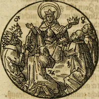 An illustration from Occvlta philosophia : von den verborgenen philosophischen Geheimnussen der heimlichen Goldblumen vnd lapidis philosophorum, was derselbige, vnd wie zu Erlangung dessen zu procediren, aussführlicher Bericht in einem philosophischen Gespräch verfasset : sampt der Schmaragd Taffel, Paraboln, symbolis, vnd 18. sonderbaren Figuren der hochberühmten Philosophen Hermetis Trismegisti vnd F. Basilii Valentini durch welche diese Kunst der philosophischen Goldblumen vollkomlich erkläret an Tag gegeben (1613)