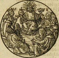 An illustration from Occvlta philosophia : von den verborgenen philosophischen Geheimnussen der heimlichen Goldblumen vnd lapidis philosophorum, was derselbige, vnd wie zu Erlangung dessen zu procediren, aussführlicher Bericht in einem philosophischen Gespräch verfasset : sampt der Schmaragd Taffel, Paraboln, symbolis, vnd 18. sonderbaren Figuren der hochberühmten Philosophen Hermetis Trismegisti vnd F. Basilii Valentini durch welche diese Kunst der philosophischen Goldblumen vollkomlich erkläret an Tag gegeben (1613)
