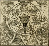 Picture 18 of 21 from Occvlta philosophia : von den verborgenen philosophischen Geheimnussen der heimlichen Goldblumen vnd lapidis philosophorum, was derselbige, vnd wie zu Erlangung dessen zu procediren, aussführlicher Bericht in einem philosophischen Gespräch verfasset : sampt der Schmaragd Taffel, Paraboln, symbolis, vnd 18. sonderbaren Figuren der hochberühmten Philosophen Hermetis Trismegisti vnd F. Basilii Valentini durch welche diese Kunst der philosophischen Goldblumen vollkomlich erkläret an Tag gegeben (1613), leaf 81