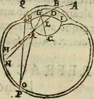An illustration from Oculus hoc est : fundamentum opticum in quo ex accurata oculi anatome, abstrusarum experientiarum sedula pervestigatione, ex inuisis specierum visibilium tam euerso quam erecto situ spectaculis, necnon solidis rationum momentis radius visualis eruitur sua visioni in oculo sedes decernitur, angvli visorii ingenium aperitur ... (1619)