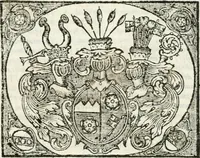 An illustration from Oliva lauro suaviter et juste sociata, quam juxta veterem illam curiae gnomen Herbipolis sola judicat, ense et stola, coronario opere contextam, recèns inuncto, ac mithrâ verendo vertici, reverendissimi, et celsissimi principis ac domini D. Ioannis Godefridi, S.R.I. principis ecclesiae Herbipolensis episcopi, Franciae Orientalis ducis, &c. principis ac domini nostri clementissimi ... : ipsâ solennis consecrationis festâ die 4. cal. januarij submississimo obsequio offerebat devotissimum Societatis Jesu Collegium Herbipoli (1686)